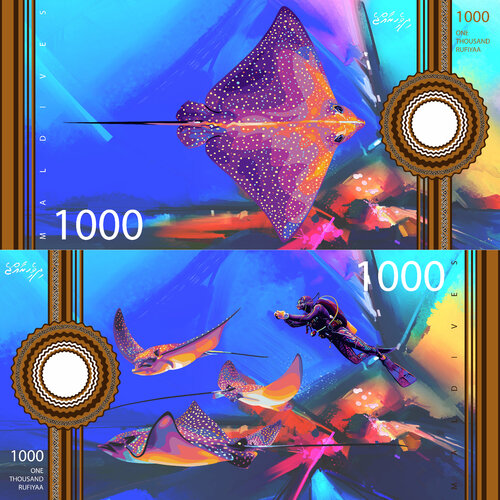 Stingray & Male Diver — Maldives Shredded Money Art — MMA Competition Series by ABDULLA YASIR, Print for Sale on Singulart