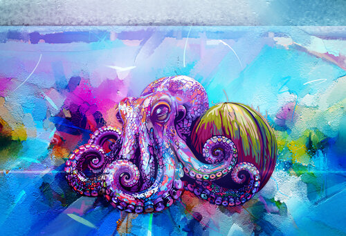 BLUE OCTOPUS ON THE RUN — Coconut Thief Escapes Sea Police, Lands on INTERPOL Red List by ABDULLA YASIR, Digital for Sale on Singulart