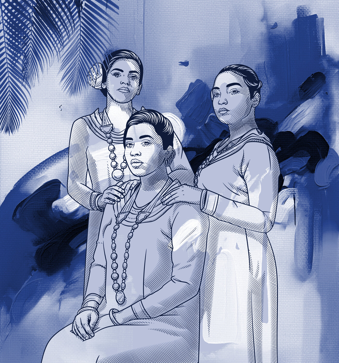 Indigo Kinship: Three in Quiet Accord ABDULLA YASIR Digital zu verkaufen