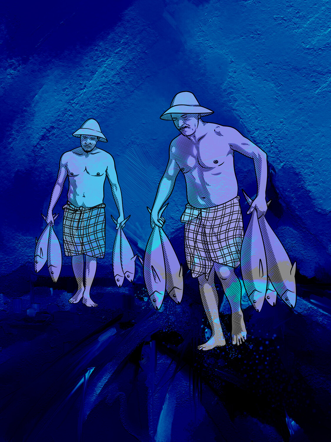 Return in Indigo: Two Fishermen at Dusk ABDULLA YASIR Druck zu verkaufen