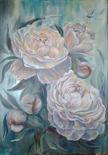 The Peony Sweetness and Dragonflies. Original. de Elena Pertceva, Pintura a la venta en Singulart