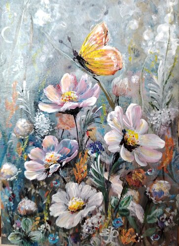Author's floral painting "Butterfly and Casmea" by Elena Pertceva, Painting for Sale on Singulart
