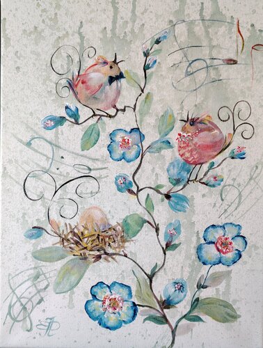 Author's painting "Birds and their egg". Original. by Elena Pertceva, Drawing for Sale on Singulart
