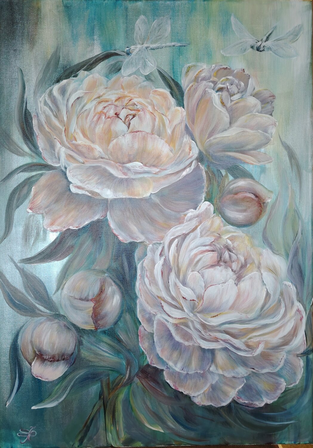 The Peony Sweetness and Dragonflies. Original. Elena Pertceva Originalgemälde zu verkaufen