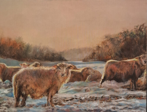 First Light: Sheep in Snow di Nir Chalupowicz, Pittura in vendita su Singulart