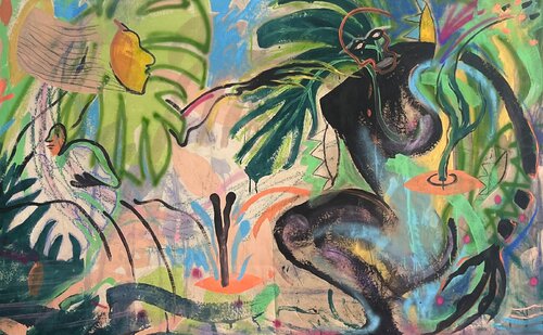 Jungle Spirits ( collaborative Painting between Livia Dualis and Alexandra Wendorff) von Livia Schneider Painter, Malerei kaufen auf Singulart