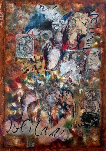 Solitares - (détail) encre, huile, glacis, gravure, monotype, marouflage sur toile de lin 162 x 130 cm di Lucile Travert, Pittura in vendita su Singulart