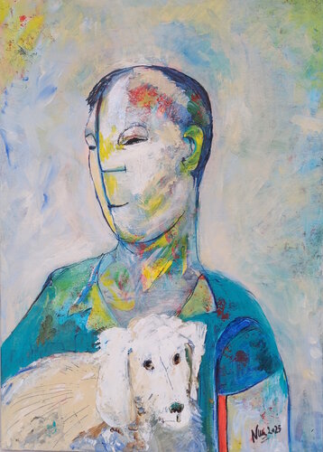 Boy with a White Dog by Monika Nun, Painting for Sale on Singulart