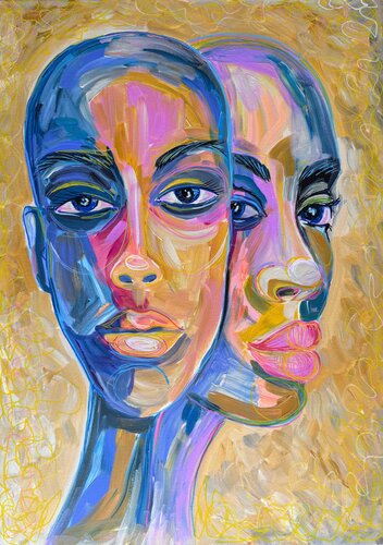 Intimacy - Colorful Abstract Couple Portrait van Natalie Yurpal, Schilderij te koop op Singulart