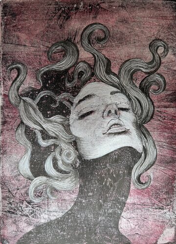 Dream in Motion – Abstract Textured Portrait with Fluid Shapes van Natalie Yurpal, Werk op papier te koop op Singulart