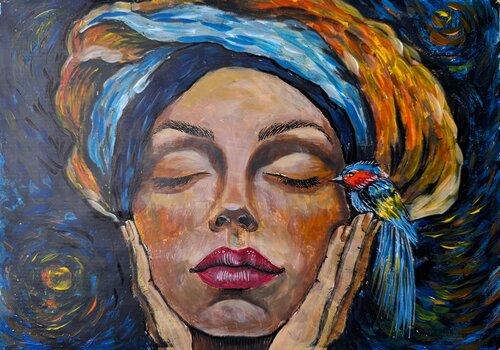 Silent Radiance - Portrait with Vibrant Bird & Color Flow van Natalie Yurpal, Werk op papier te koop op Singulart