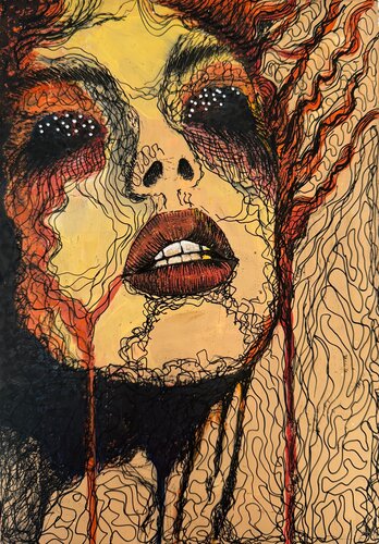 Between Fire and Shadows - Intense Female Gaze van Natalie Yurpal, Werk op papier te koop op Singulart