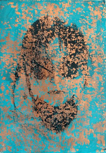 Hidden Portrait - Textured Layers in Turquoise and Gold van Natalie Yurpal, Werk op papier te koop op Singulart