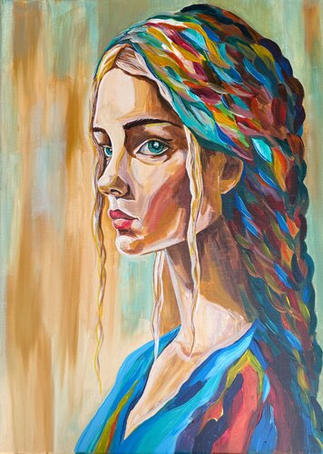 Quiet Strength - Modern Portrait in Vibrant Colors van Natalie Yurpal, Schilderij te koop op Singulart