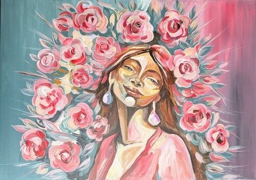 Floral Presence - Contemporary Woman Portrait in Soft Colors van Natalie Yurpal, Schilderij te koop op Singulart