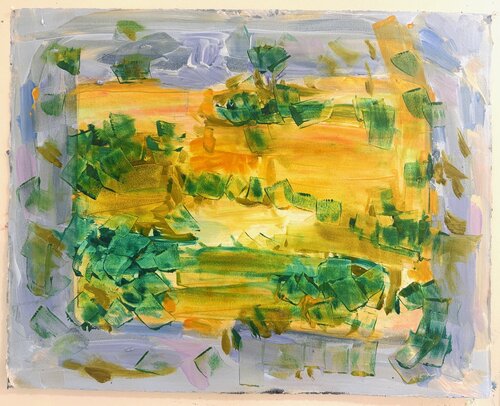 Green Ball on Yellow Court van Carrie Elston, Schilderij te koop op Singulart