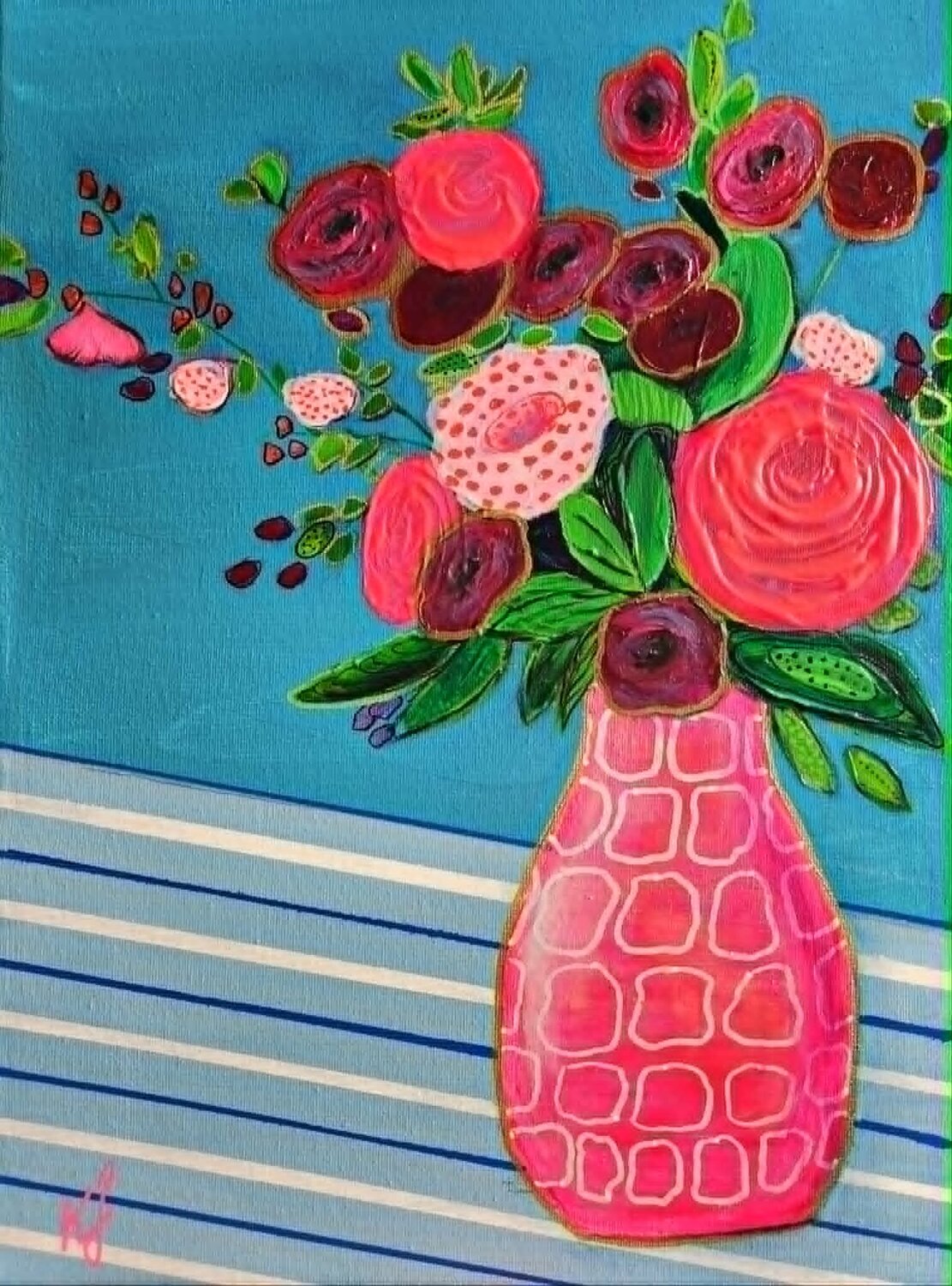Blue Stripes & Pink Sparks Karine Jeuffroy Pintura original en venta