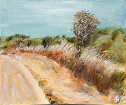 Chemin vers la rivière, herbes dans le vent van Marie-josé Deroide, Schilderij te koop op Singulart