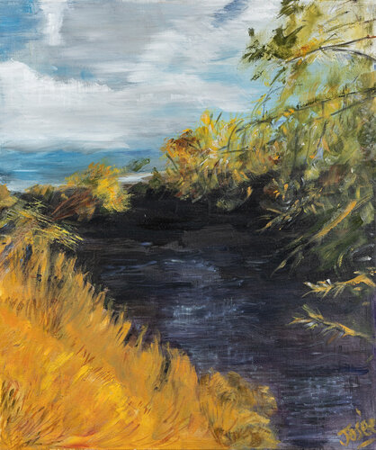 vision jaune et mauve du fleuve  Hérault van Marie-josé Deroide, Schilderij te koop op Singulart