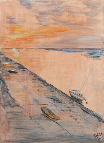 quai au Grau du roi au soleil couchant van Marie-josé Deroide, Schilderij te koop op Singulart