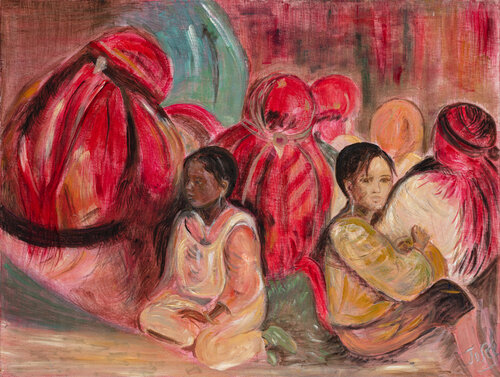 Réunion de femmes et enfants dans l'Atlas au Maroc de Marie-josé Deroide, Pintura a la venta en Singulart