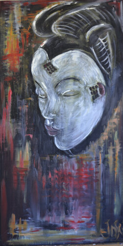 Masque africain à la façon des Kakimonos Japonais décoratifs von Marie-josé Deroide, Malerei kaufen auf Singulart