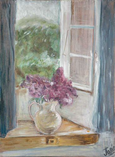 Bouquet de lilas  du jardin à la lumière d'une fenêtre by Marie-josé Deroide, 絵画 for Sale on Singulart