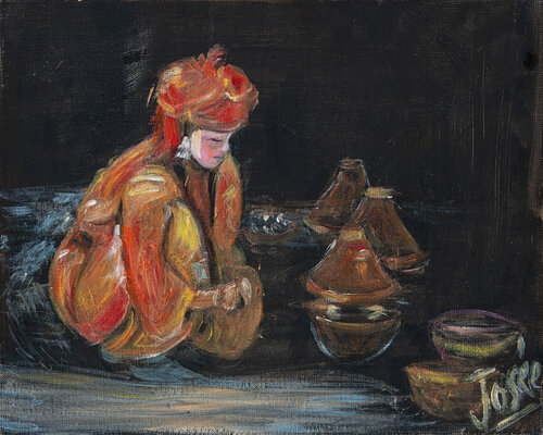 Jeune femmemarocaine préparant le Tagine par Marie-josé Deroide, Peinture en vente sur Singulart