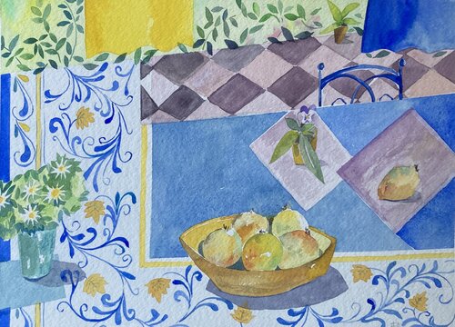 Tenda gialla, tenda blu, frutta by Francesca Lagonia, Work on Paper for Sale on Singulart