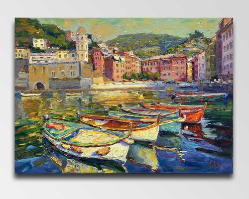 "Boats at the pier" van Evgeny Chernyakovsky, Schilderij te koop op Singulart