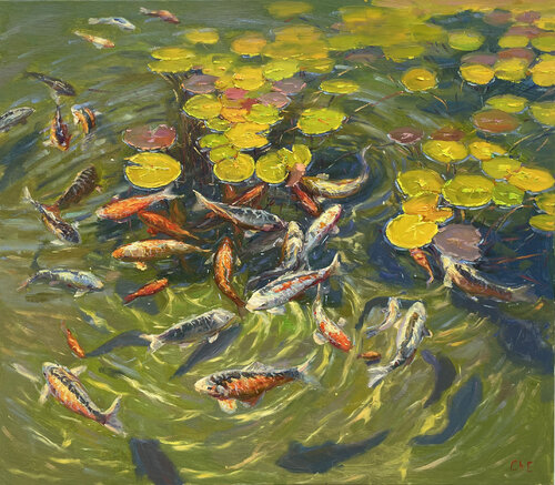 "Koi in the pond" van Evgeny Chernyakovsky, Schilderij te koop op Singulart
