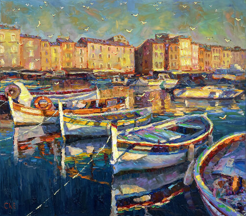 "Boats at the pier" van Evgeny Chernyakovsky, Schilderij te koop op Singulart