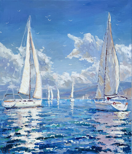 "Sailboats at sea" van Evgeny Chernyakovsky, Schilderij te koop op Singulart