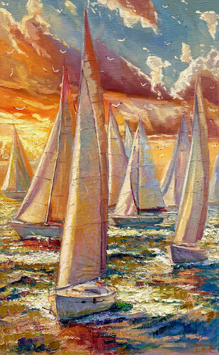 "Sailboats" van Evgeny Chernyakovsky, Schilderij te koop op Singulart