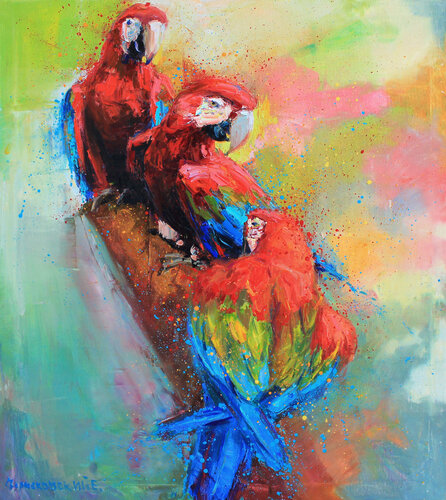 "Red parrots" van Evgeny Chernyakovsky, Schilderij te koop op Singulart