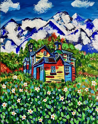 Mountain Bloom Cottage Art de Flora Alexander, Pintura a la venta en Singulart