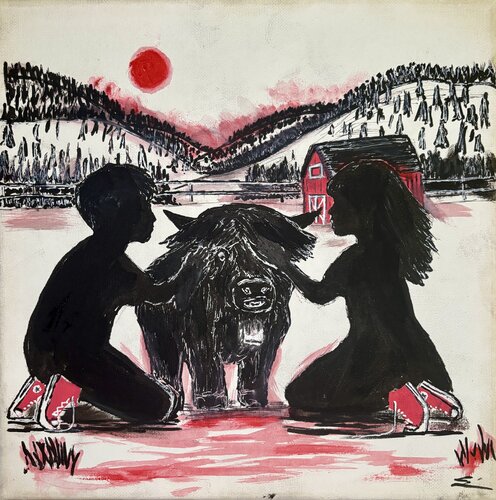 Just us and a cow par Eric Lilly, Peinture en vente sur Singulart