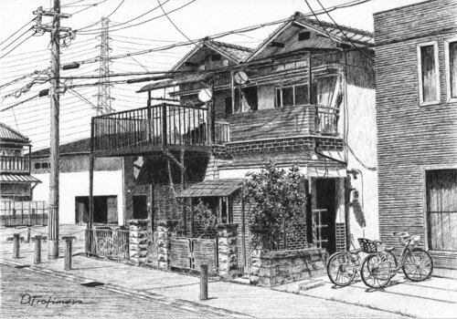 Osaka. Corner House with Bicycles von Oksana Trofimova, Zeichnungen kaufen auf Singulart