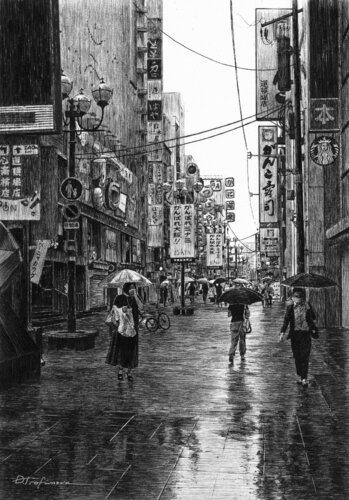 A Rainy Day in Central Osaka von Oksana Trofimova, Zeichnungen kaufen auf Singulart