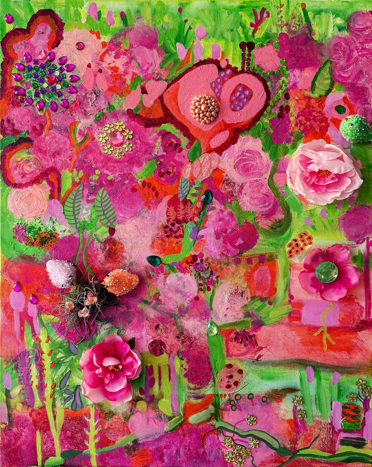 Birds In A Nest With Flowers Lisa Crane