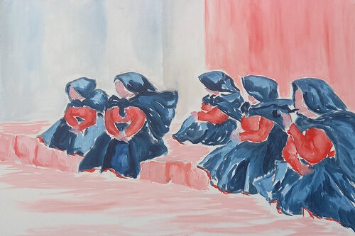 Femmes attendant le bus de Marie France De La Cochetiere, Pintura a la venta en Singulart