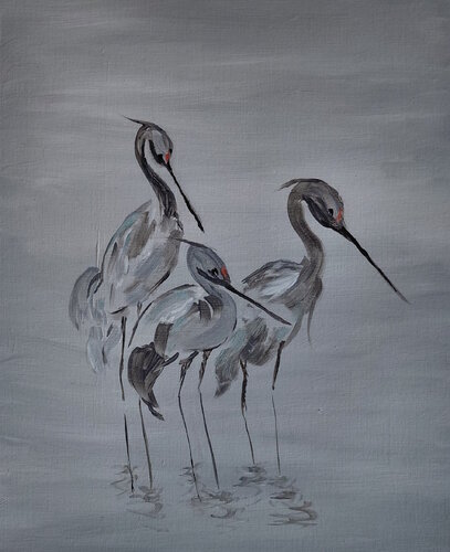 Grues cendrées di Marie France De La Cochetiere, Pittura in vendita su Singulart