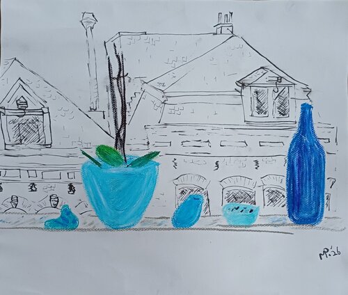 Blue vases on my windowsill von Margreet Poolman, Zeichnungen kaufen auf Singulart