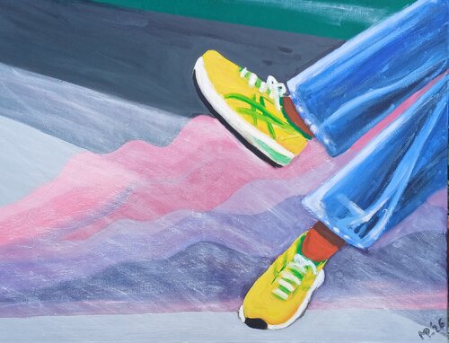 Yellow shoes with mountain shades by Margreet Poolman, Painting for Sale on Singulart