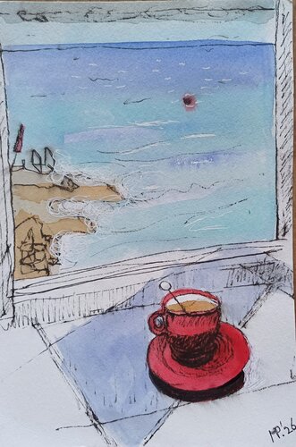 Seaside coffee by Margreet Poolman, Drawing for Sale on Singulart