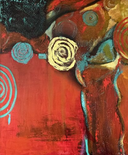 Abstrakt in Orange, Türkis di Marianne Bankmann, Pittura in vendita su Singulart