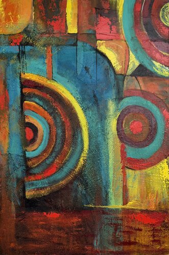 Abstrakt in Türkis, gelb, rot di Marianne Bankmann, Pittura in vendita su Singulart