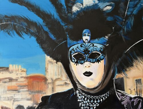 Venezianische Maske 2 in blau di Marianne Bankmann, Pittura in vendita su Singulart