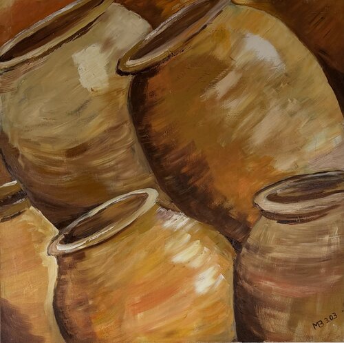 Erdfarbene Tontöpfe di Marianne Bankmann, Pittura in vendita su Singulart