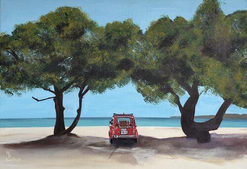 Am Strand mit Fiat 500 di Marianne Bankmann, Pittura in vendita su Singulart